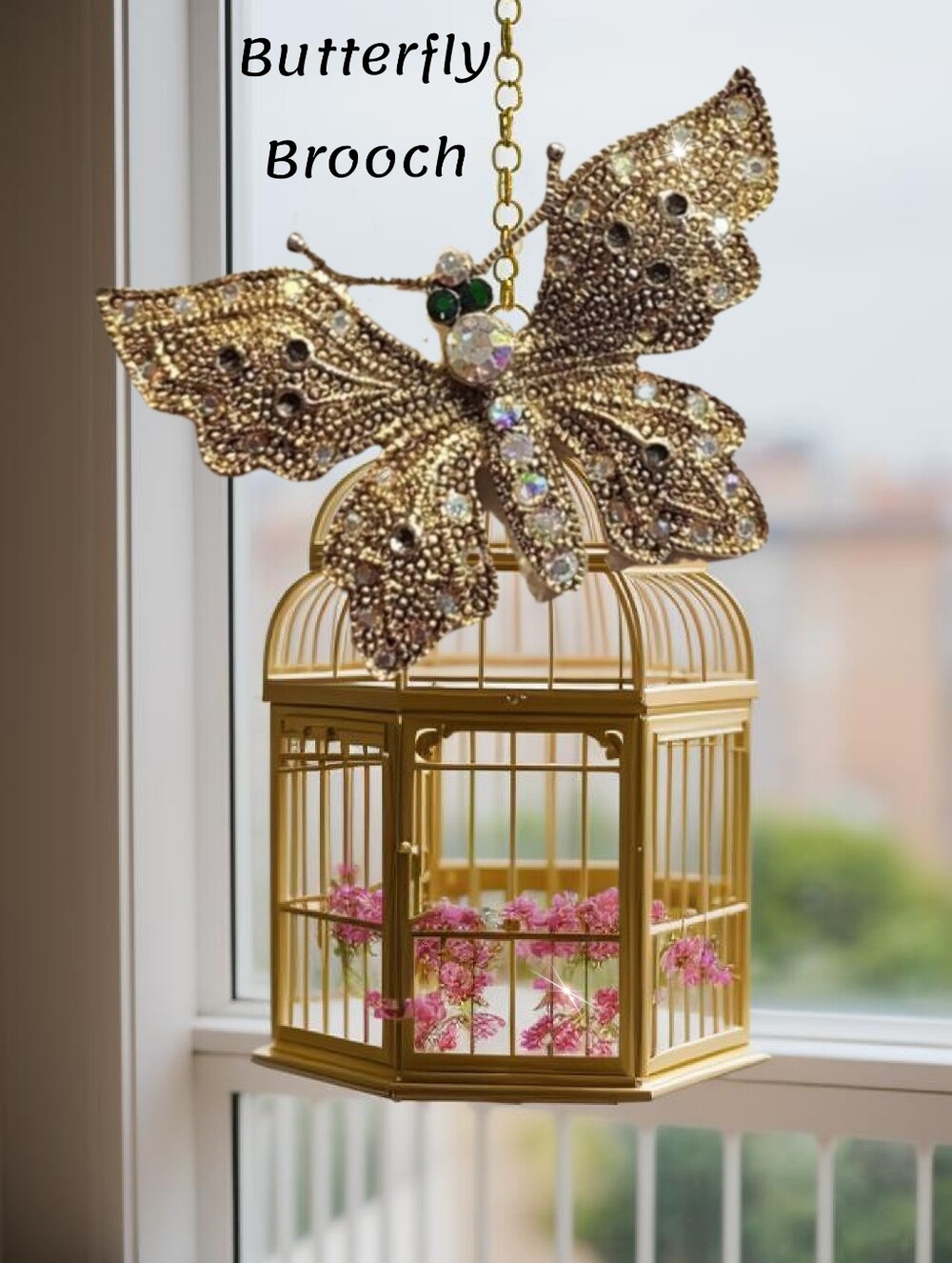 Emerald Green & AB Jeweled Gold Butterfly Brooch